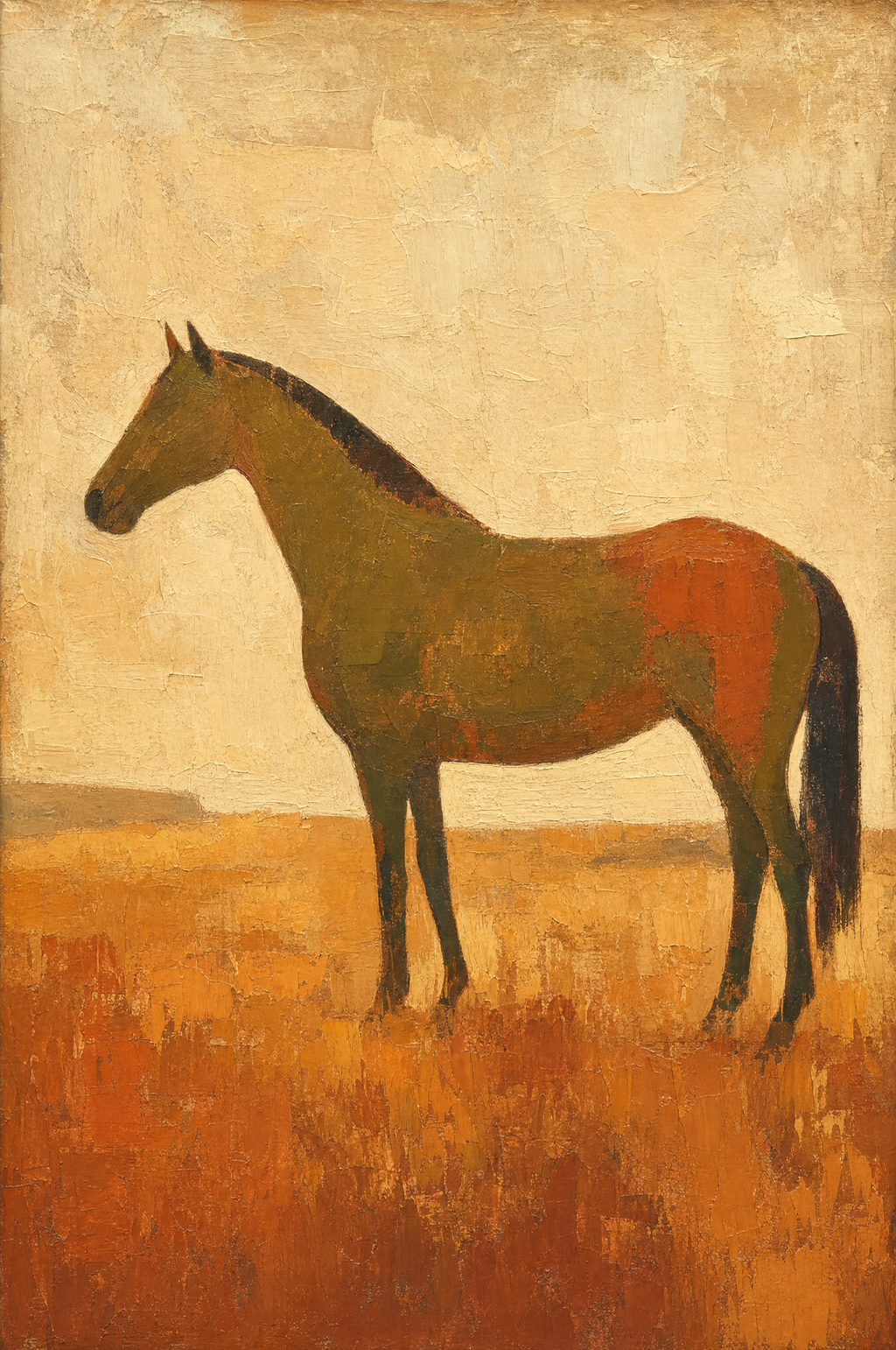 Le cheval bai, peinture à l'huile Maison Patine