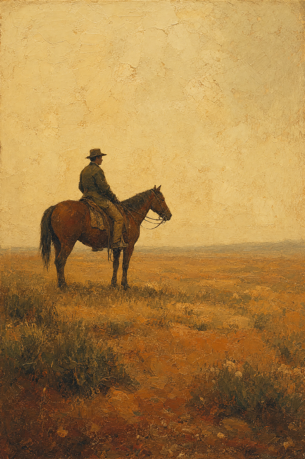 Le cavalier au crépuscule, peinture à l'huile Maison Patine
