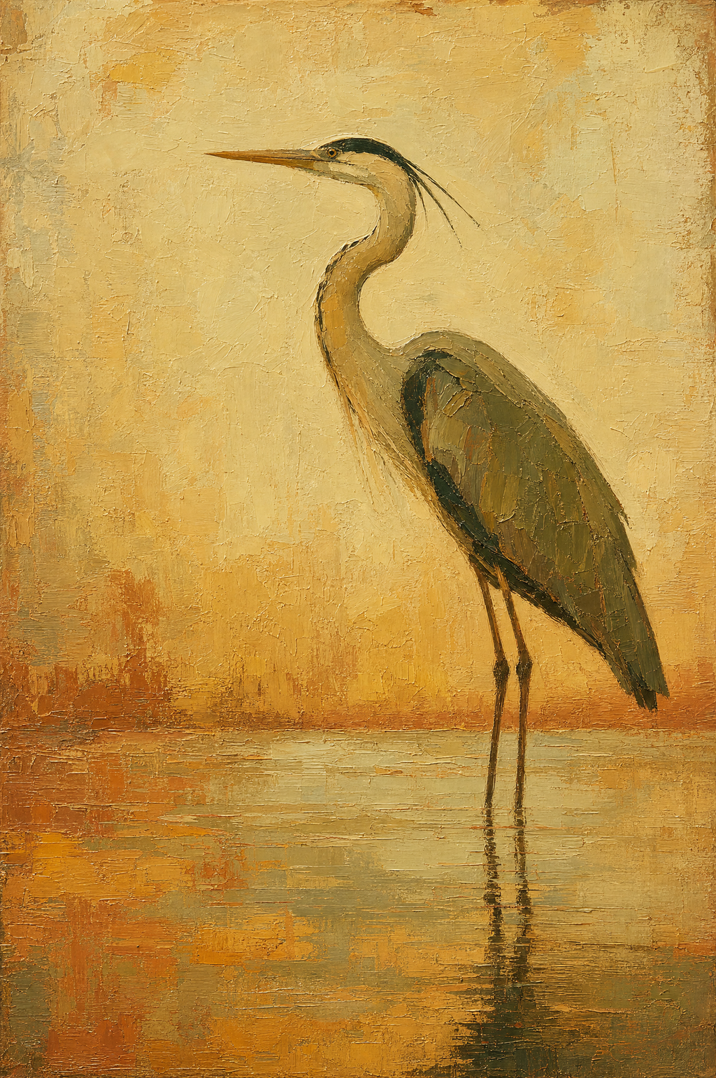 Le héron au matin, peinture à l'huile Maison Patine