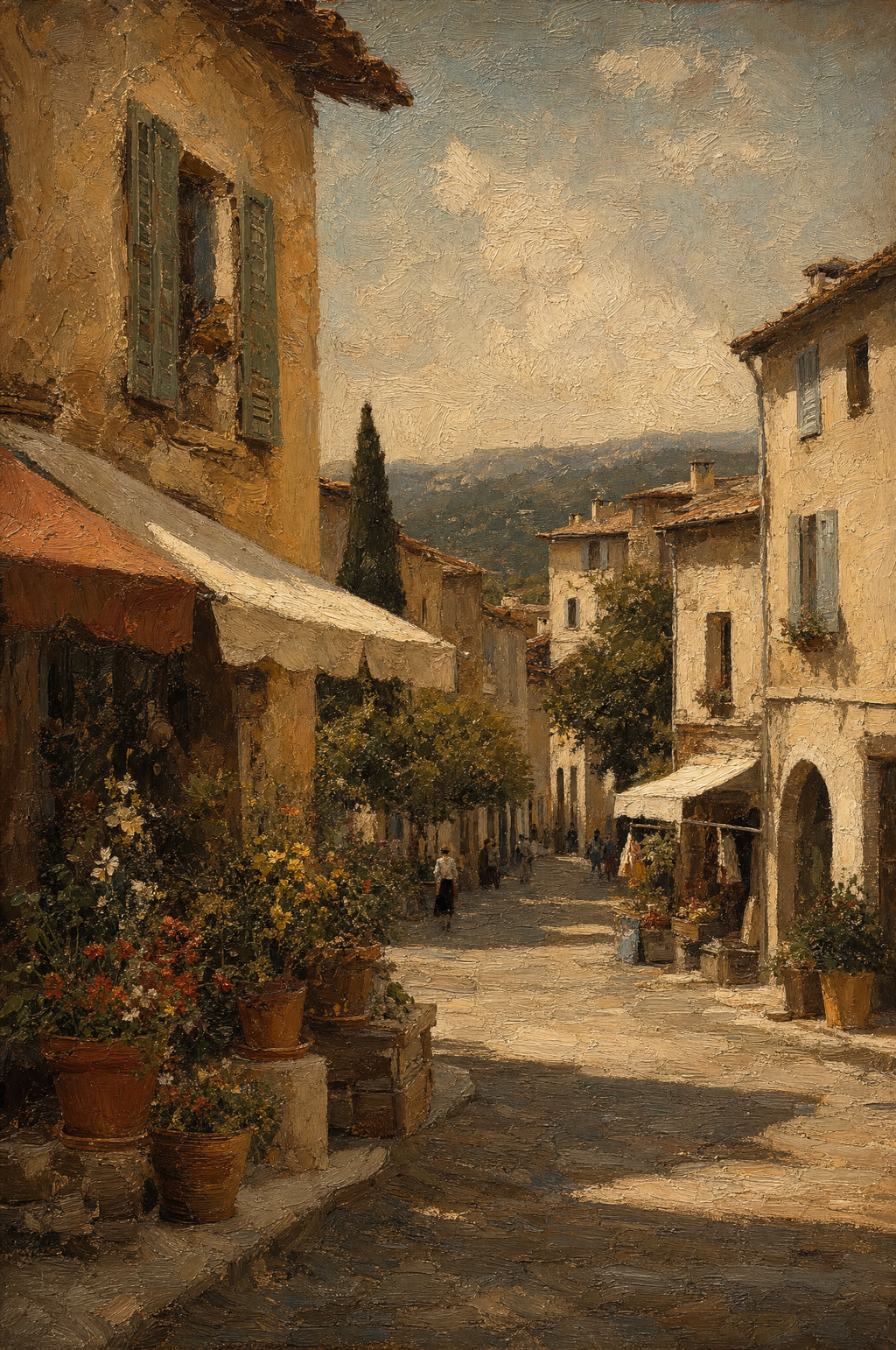 Ruelle du vieux village, peinture à l'huile Maison Patine