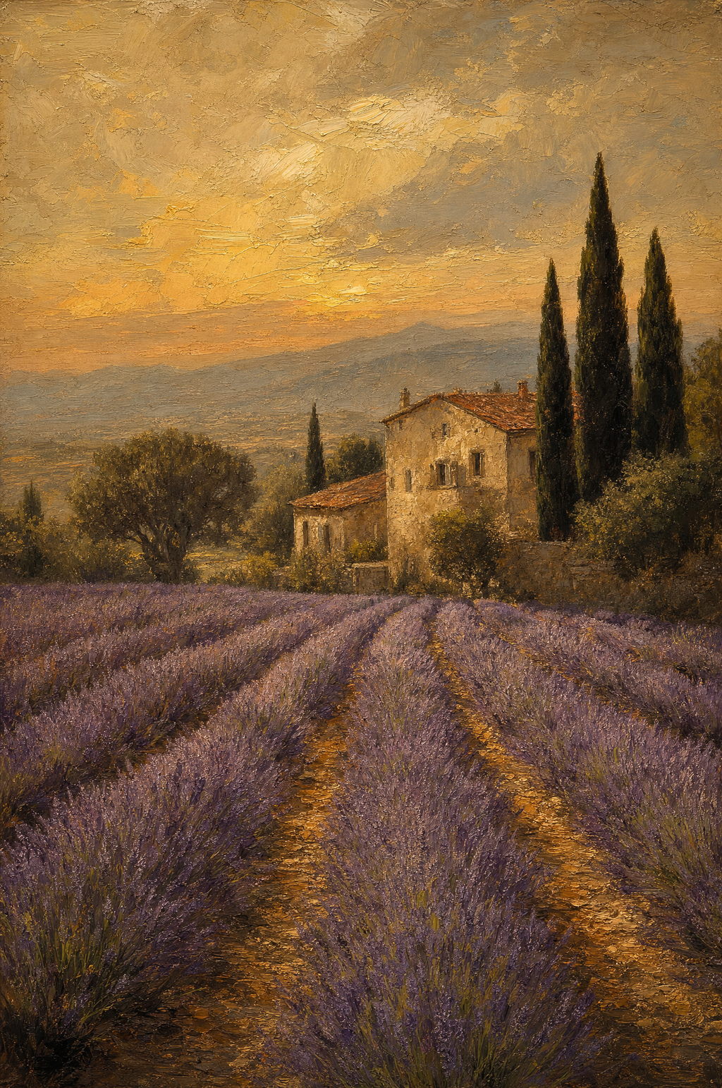 Champ de lavande au couchant, peinture à l'huile Maison Patine