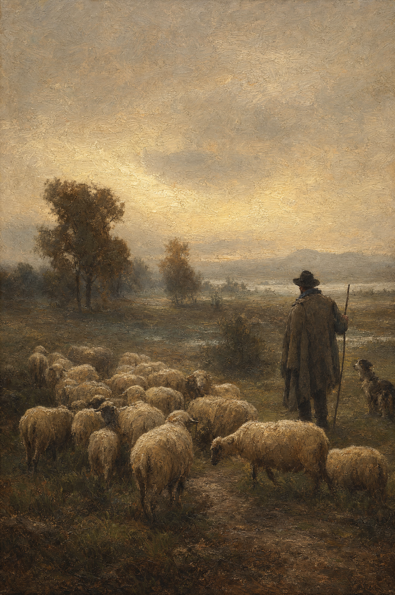 Le berger et son troupeau, peinture à l'huile Maison Patine