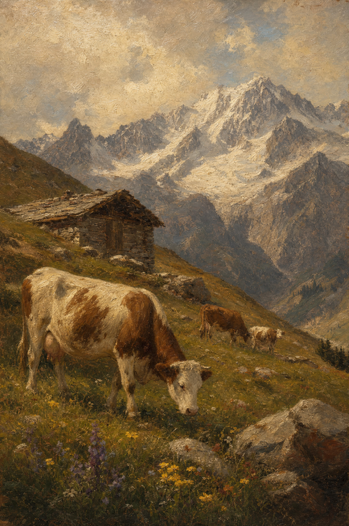 Alpage au petit matin, peinture à l'huile Maison Patine