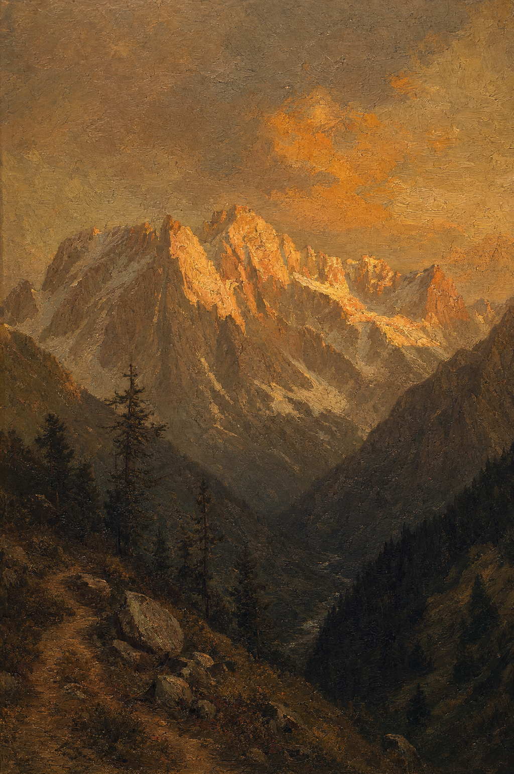 Lumière sur les cimes, peinture à l'huile Maison Patine