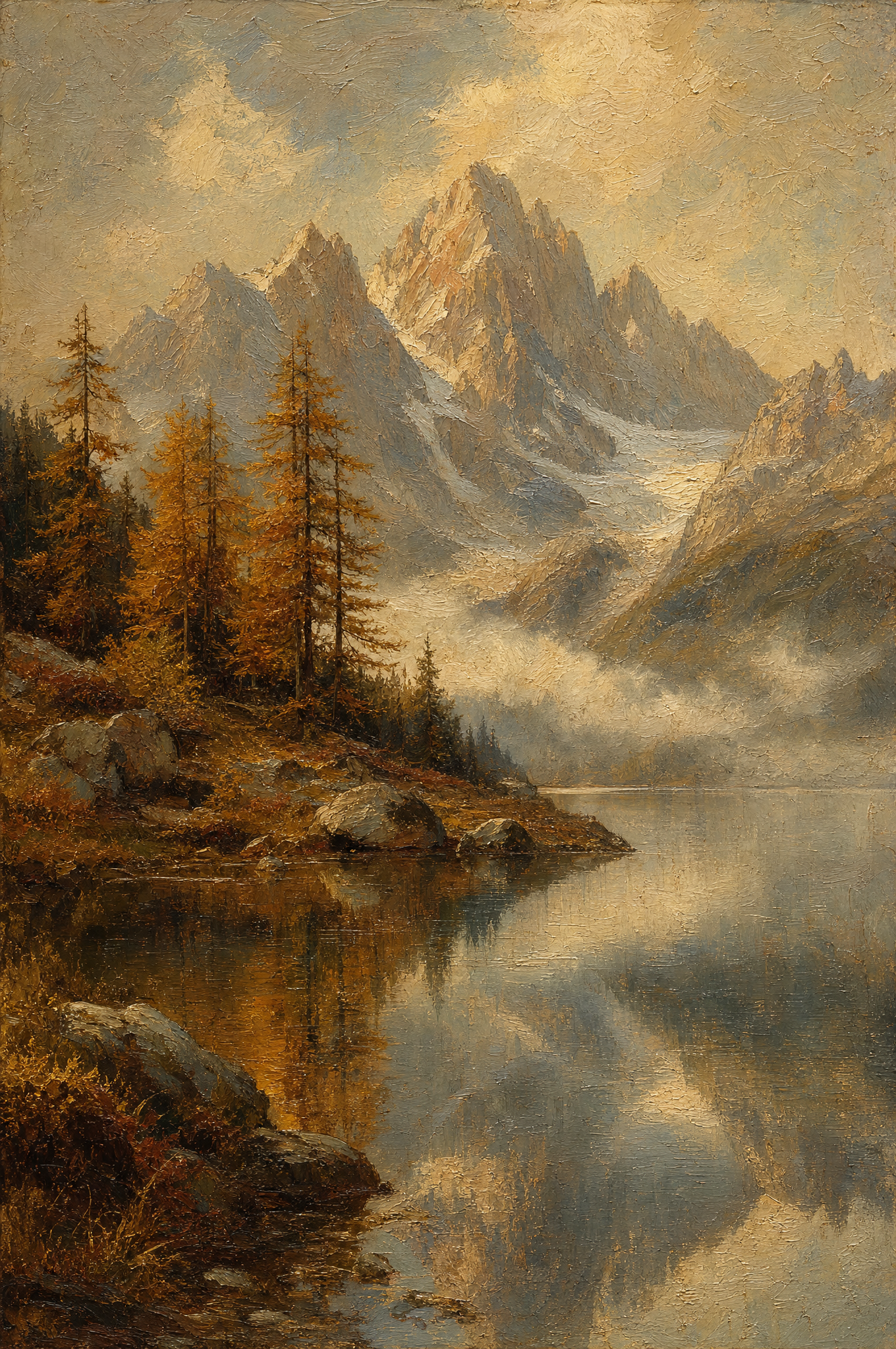 Reflets du lac alpin, peinture à l'huile Maison Patine
