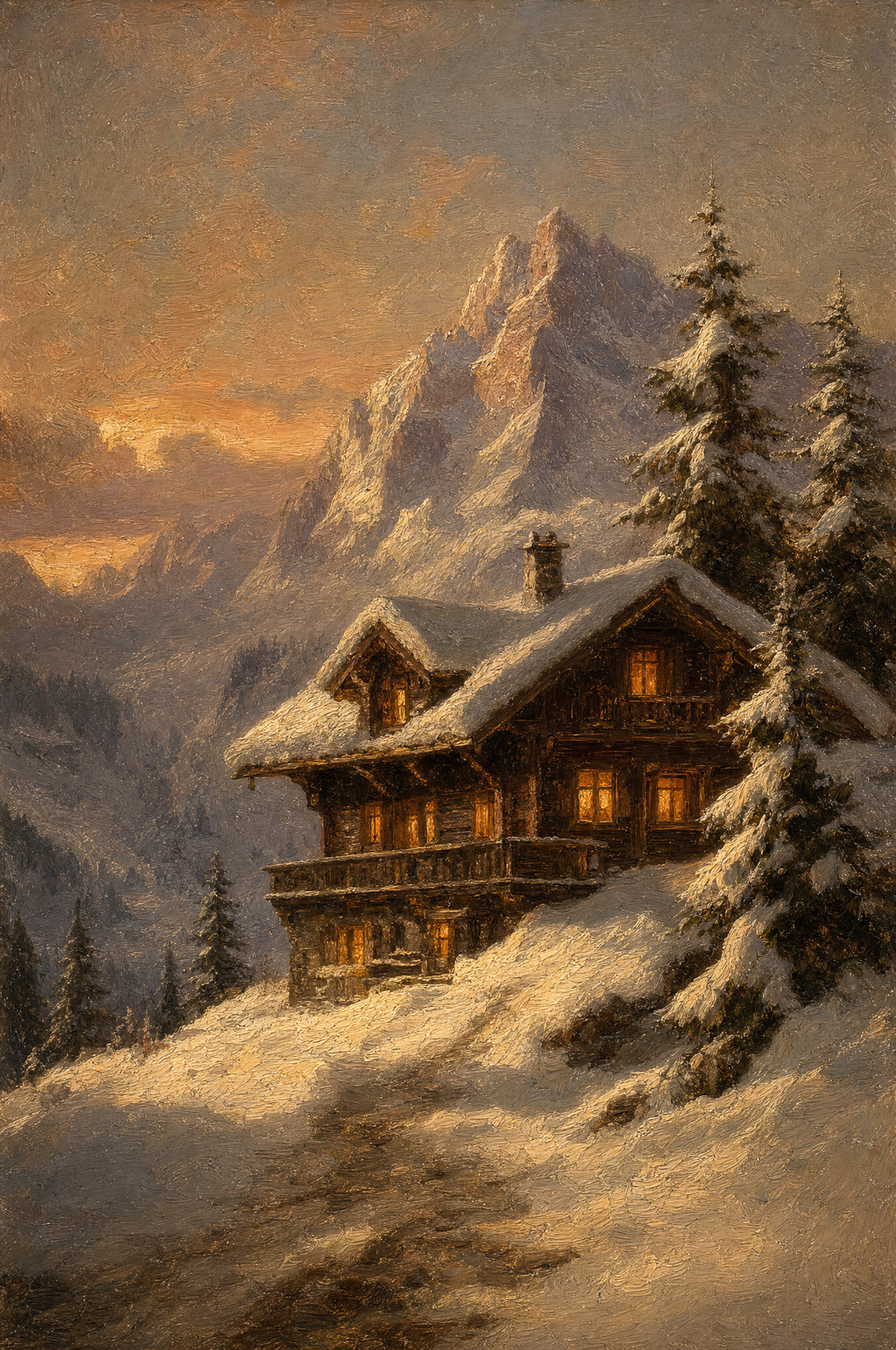 Chalet au crépuscule d'hiver, peinture à l'huile Maison Patine