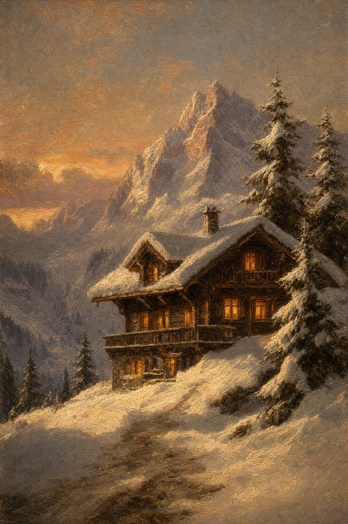 Chalet au crépuscule d'hiver, peinture à l'huile Maison Patine